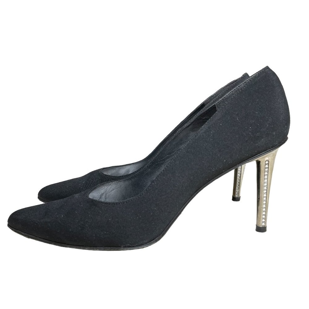 Stuart Weitzman Black Pointed Pump with Gold Rhinestone-Embellished Heel